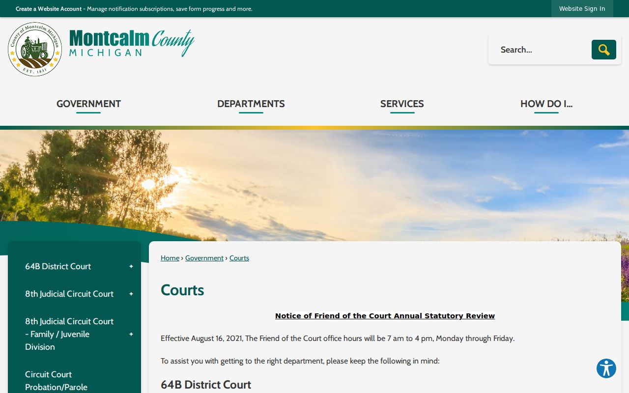 Montcalm County court hierarchy page used to route warrant check questions