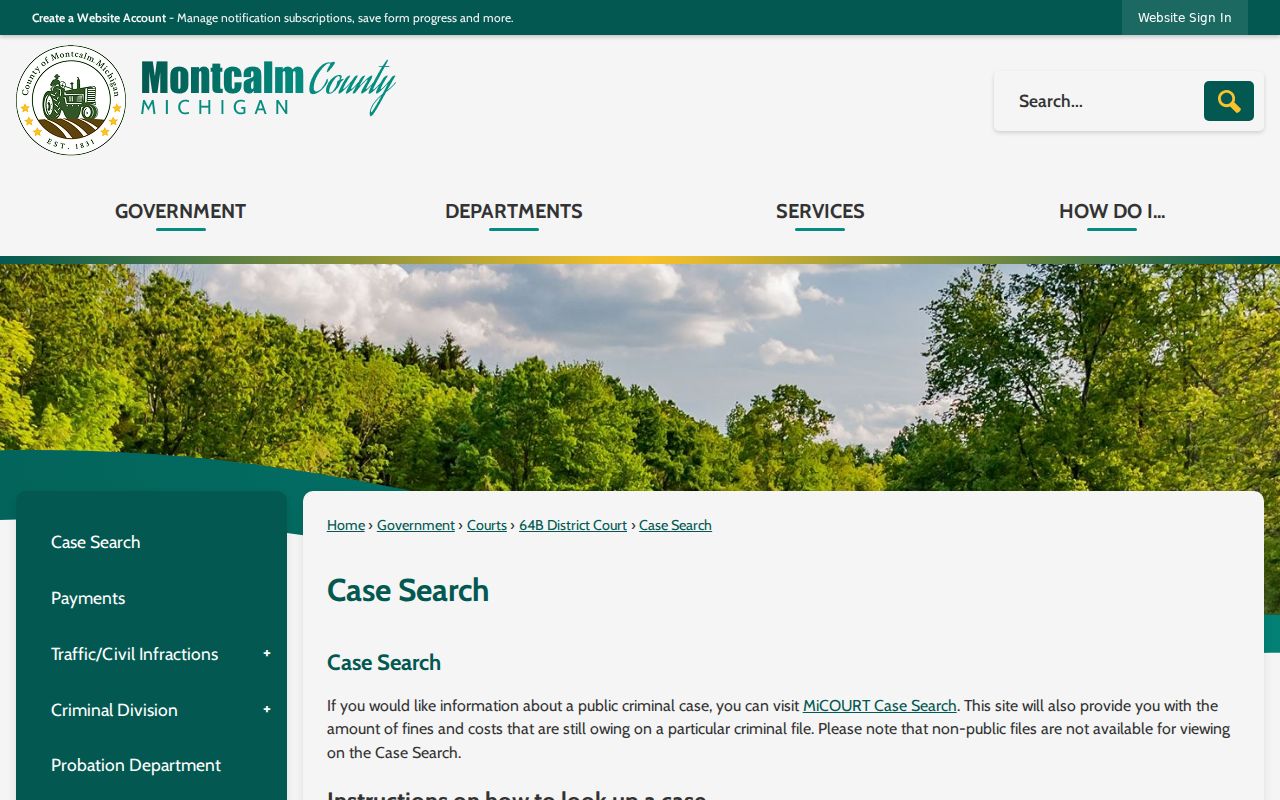Montcalm County public case search page linking to the state court portal