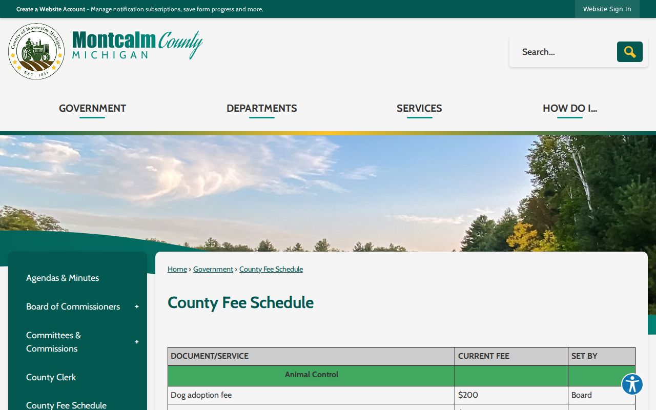 Montcalm County fee schedule showing district court warrant and copy fees