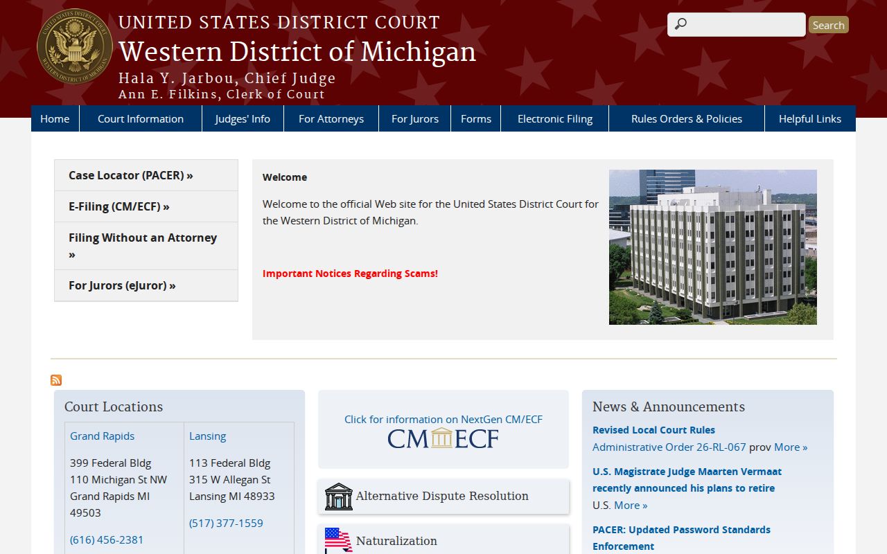 Federal court page for the Western District of Michigan covering federal warrants near Montcalm County