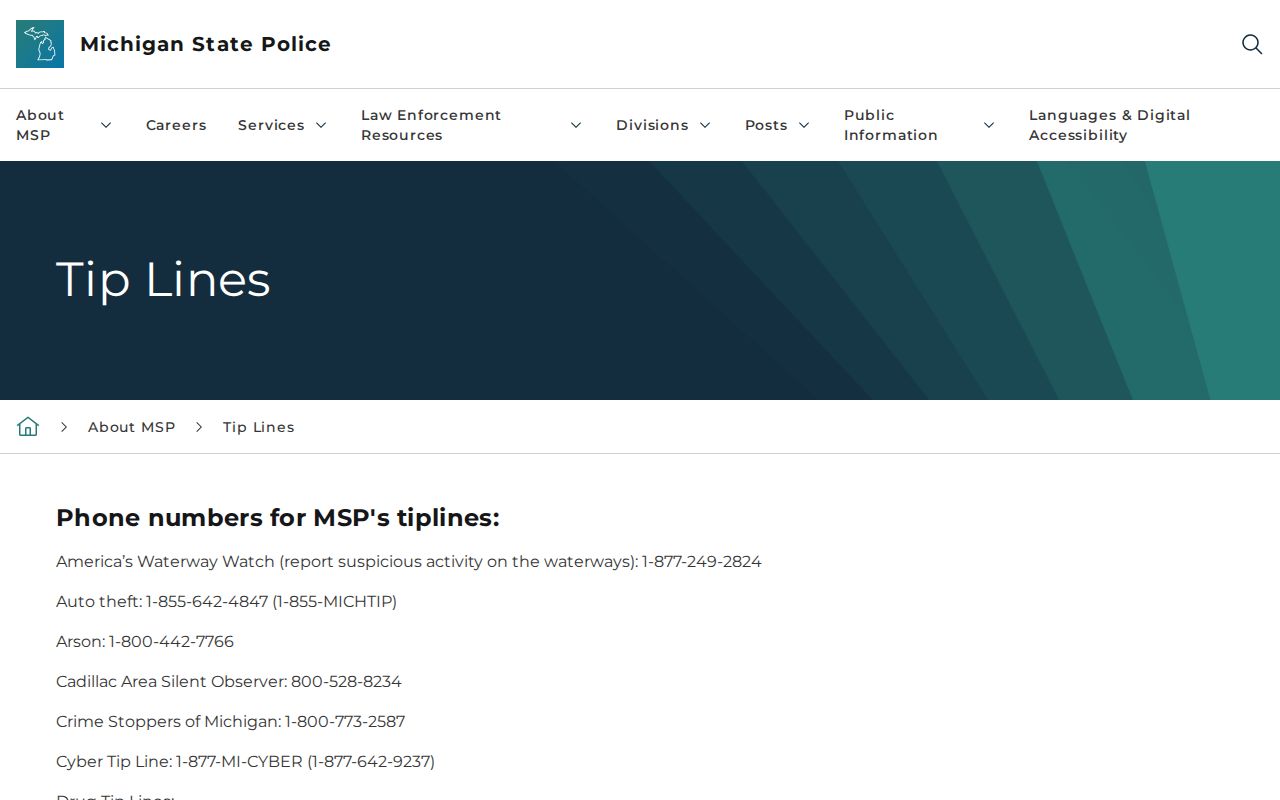 Michigan State Police tip line program page used for Montcalm County most wanted reports