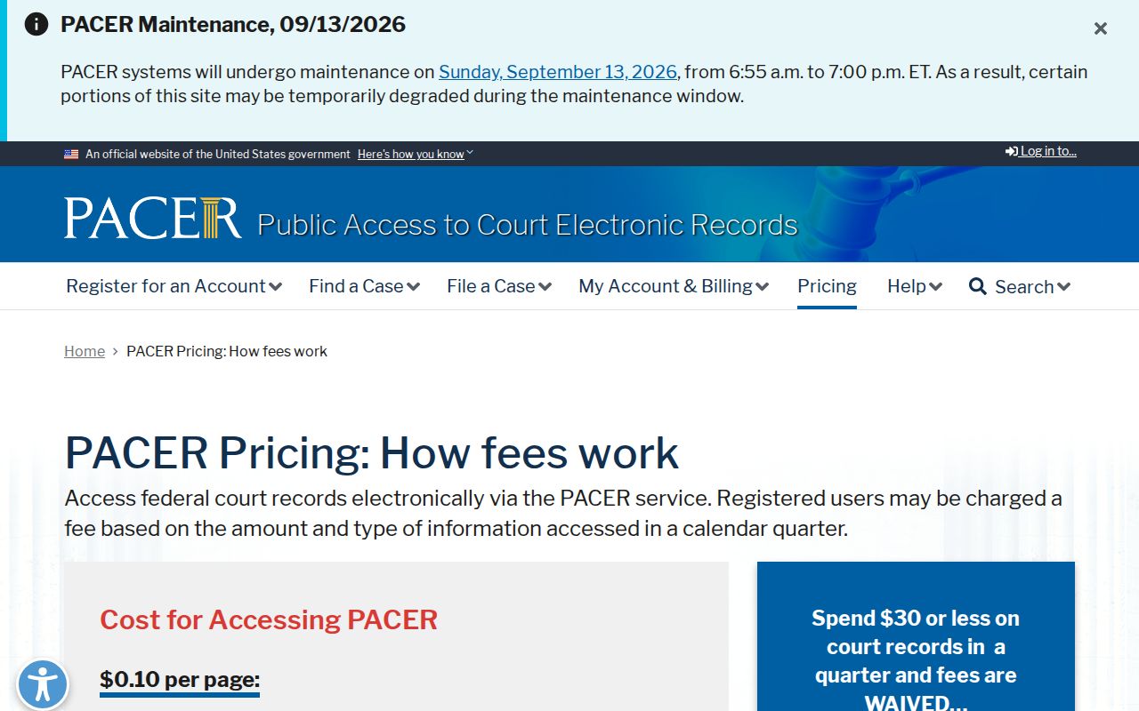 Federal court docket pricing page relevant to federal arrest warrant records