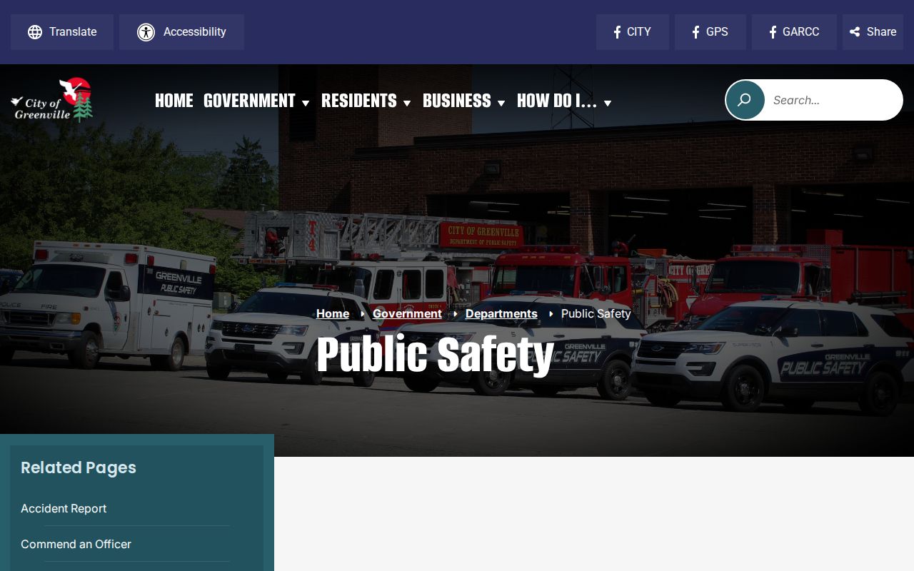 Greenville Public Safety page showing department contact and after-hours dispatch for Greenville warrant records