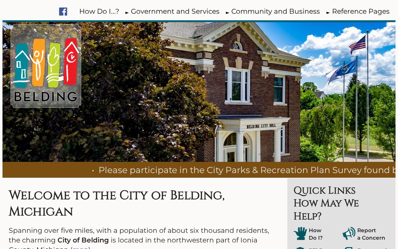 Belding city government page showing population and county context for Belding warrant records