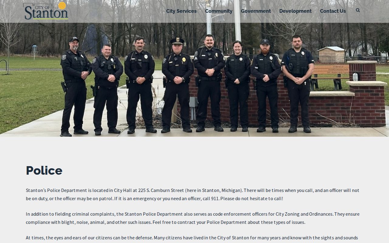Stanton Police contact page showing the city department that serves process for Stanton warrant records