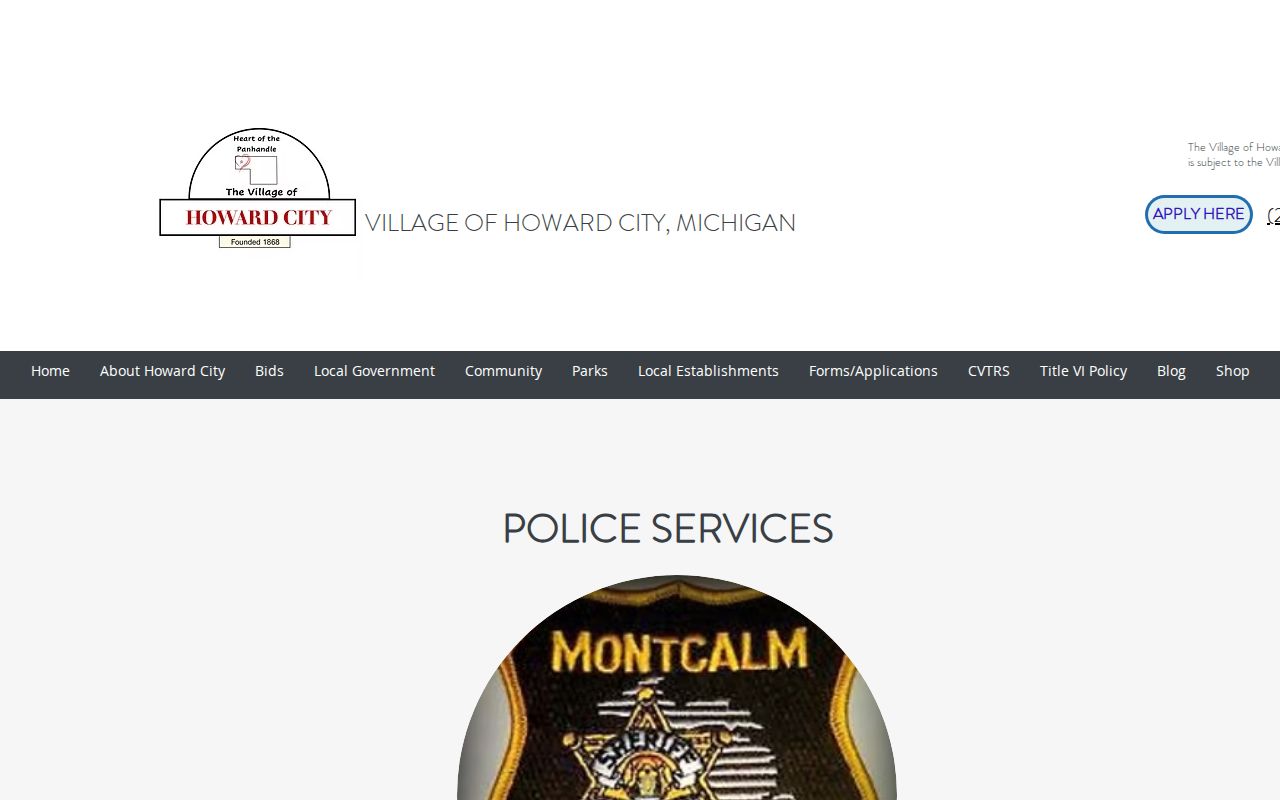 Howard City Police Services page showing the Sheriff-merged service model for Howard City warrant records