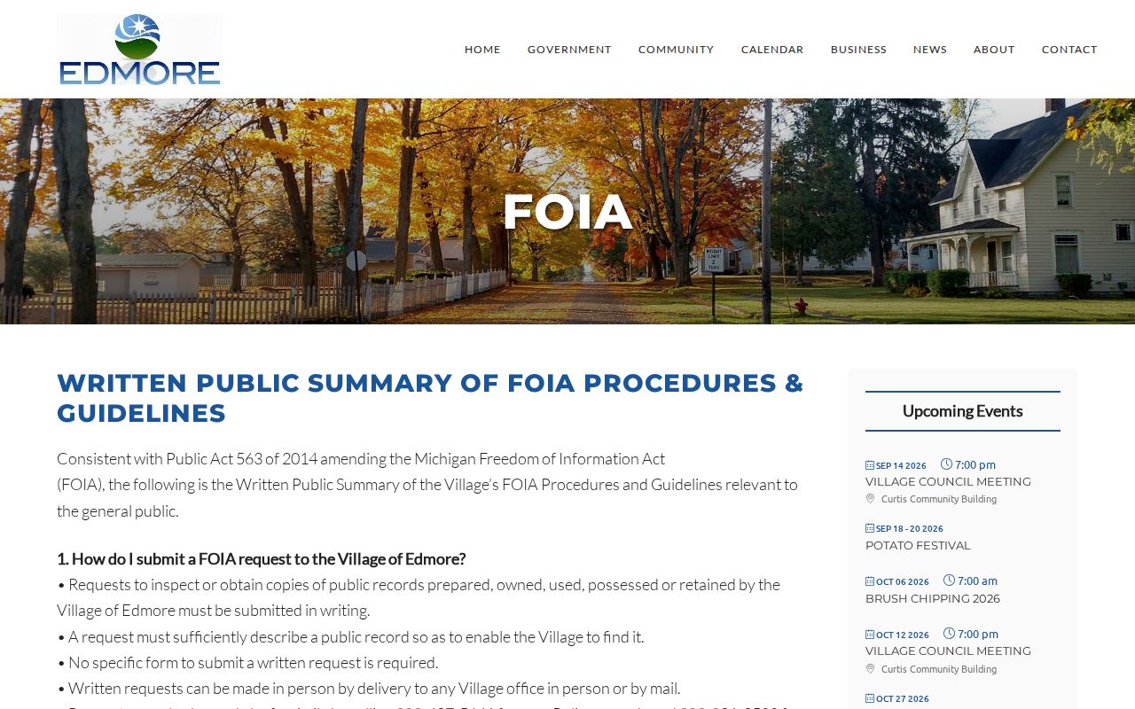 Edmore village FOIA page showing the written records request route for Edmore warrant records