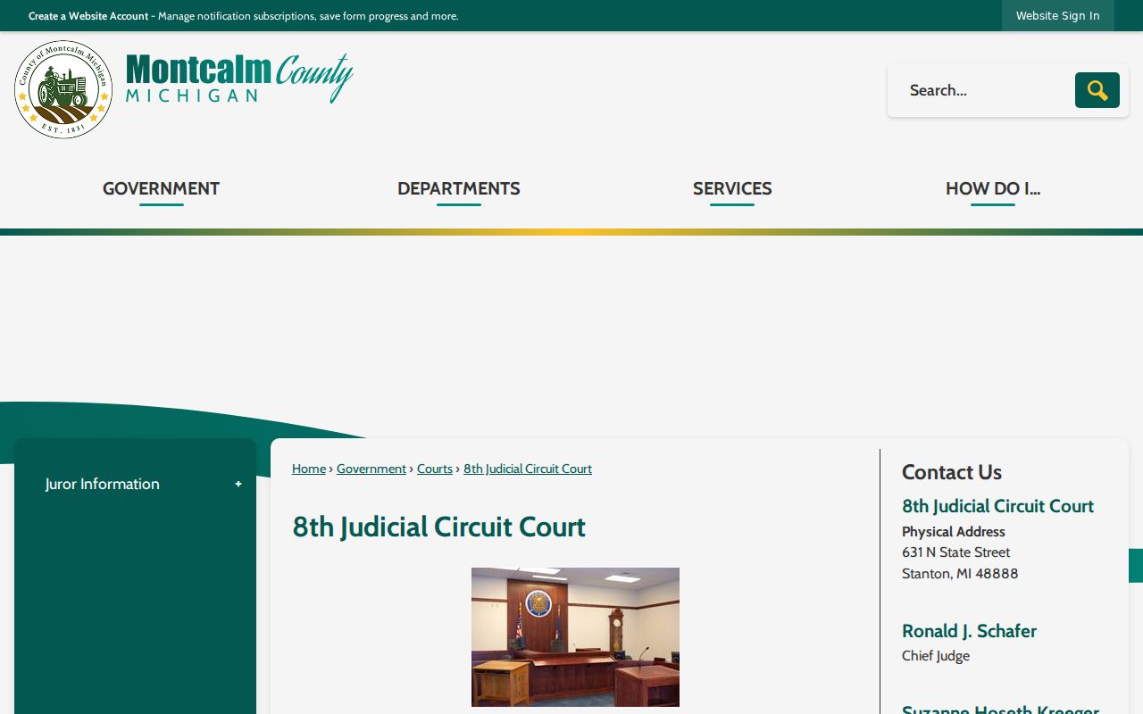 Montcalm County circuit court page showing the county court structure for city court warrants
